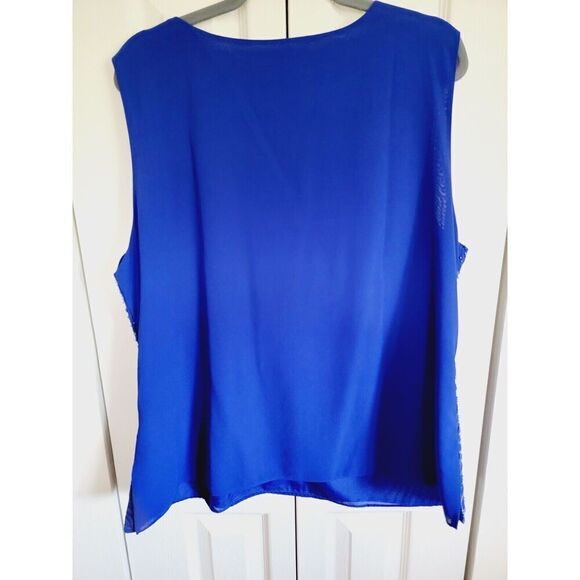 Midnight Velvet 1X Top Blue Beaded Scoop Neck Sleeveless Vintage Lined Side Slit - Picture 2 of 6